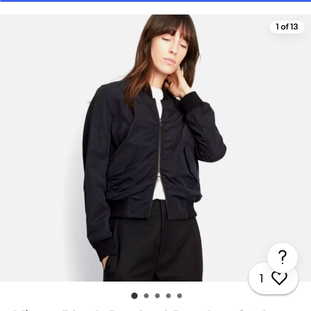 Vince Black Ruched Bomber Style Zip Jacket With Pockets Small